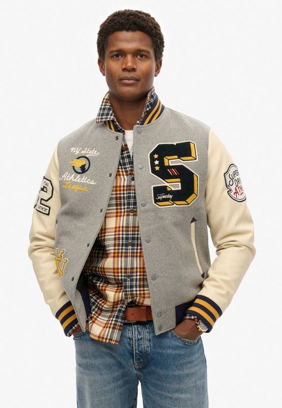 Superdry - College Patched Bomber Jacket - Zwart - Imitatieleren Mouwen