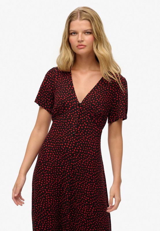 Superdry - Print Button Tea - Midi-jurk - A-lijn - Korte Mouwen