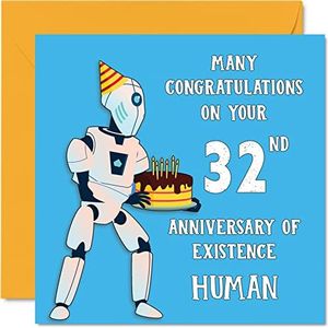 Grappige 32e verjaardagskaarten voor mannen en vrouwen - Robot Droid - Gelukkige verjaardagskaart voor papa mama zoon dochter broer zus oom tante neef, 145 mm x 145 mm grap humor scherts wenskaarten