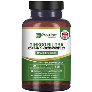 Ginkgo Biloba en Koreaanse Ginseng Tabletten 8000mg 180 Veganistische Tabletten | Ginkgo 6000mg & Koreaanse Ginsengwortel 2000mg | Verenigd Koninkrijk Geproduceerd door Prowise Healthcare