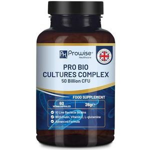 Bio Cultures Complexe probiotica en prebiotica - 50 miljard KVE - 10 levende bacteriestammen â€“ toegevoegd met inuline, L-glutamine en vitamine C - 60 capsules van Prowise