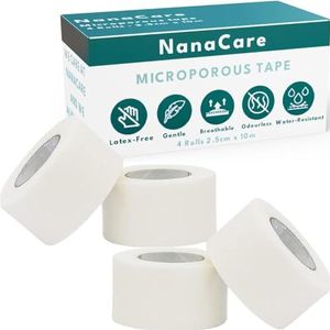 NanaCare Micropore Chirurgische Tape 2,5 cm x 10 m (4 rollen) | Micropore Tape | Microporeuze Tape | Medische tape voor huid, dressings en gezicht | EHBO-tape geschikt voor de gevoelige huid