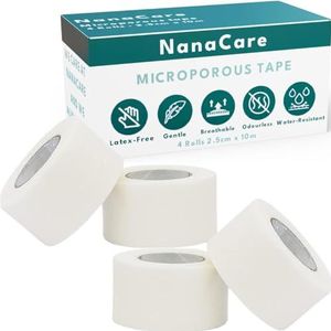 NanaCare Micropore Chirurgische Tape 2,5 cm x 10 m (4 rollen) + 10st gaasje | Micropore Tape | Medische tape voor huid, dressings en gezicht|Microporeuze Tape | EHBO-tape geschikt voor de gevoelige