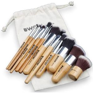 Premium 11 pièces Vegan Kabuki Bamboo Makeup Brush Set Sac en coton | Ensemble complet de pinceaux de maquillage
