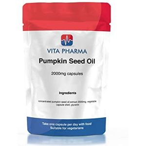 Pompoenpitolie hoge sterkte 2000 mg 365 capsules, door vita pharma. Geproduceerd en verpakt in het Verenigd Koninkrijk