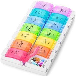 Boxsik Pillendoos-organizer (Regenboog) 7-Dagen 2 keer per dag Medicijnopbergdoos Drukknopopener en afneembare compartimenten, wekelijkse tabletpillencontainer
