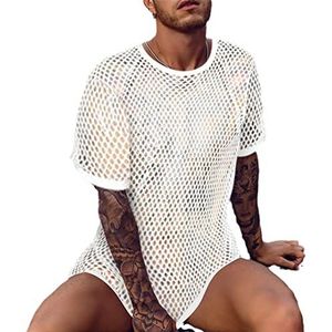 Zwart Sexy Visnet Doorzien T Shirt Mannen 2022 Korte Mouw Workout T Shirt Mannen Mesh Transparant Tee Shirt wit XXL