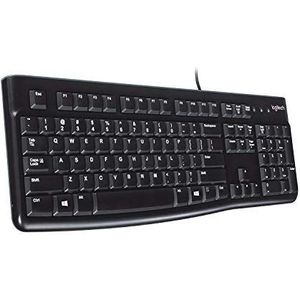 Logitech K120 Kabelgebundene Business Tastatur für Windows und Linux, USB-Anschluss, Leises Tippen, Robust, Spritzwassergeschützt, Tastaturaufsteller, Spanisches QWERTY-Layout - Schwarz