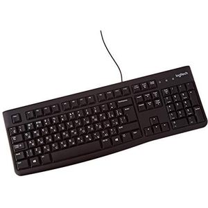 Logitech K120 Kabelgebonden Business toetsenbord voor Windows en Linux, USB-aansluiting, stil typen, robuust, spatwaterdicht, toetsenbordhouder, Russische lay-out - zwart