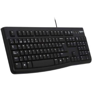 Logitech K120 Bedraad professioneel toetsenbord voor Windows en Linux, USB-poort, stil typen, robuust, spatwaterdicht, toetsenbordhouder, Spaanse lay-out - zwart