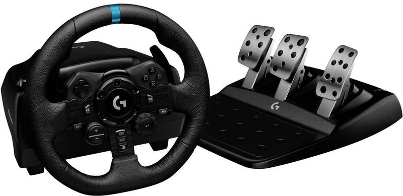 Einzeln Logitech G923 TRUEFORCE Gaming Rennlenkrad mit Pedalen, Kraftrückkopplung bis 1000 Hz, reaktionsschnelles Fahren, Doppelkupplungssystem, Echtleder Lenkrad, für PS5, PS4, PC, Mac - Schwarz