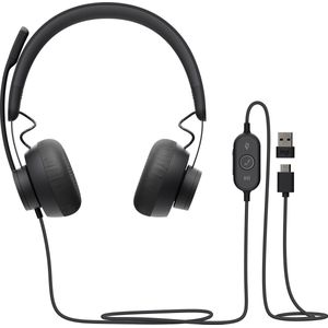 Logitech Zone 750 bedrade hoofdtelefoon met geavanceerde ruisonderdrukkingsmicrofoon, eenvoudige USB-C en USB-A-adapter inbegrepen, plug-and-play-compatibiliteit voor alle apparaten, grijs