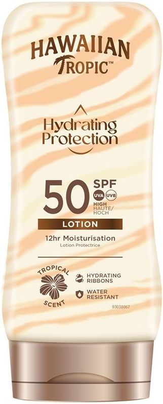 Hawaiian Tropic| Hydrating Protection Sonnenschutz mit LSF 50, UVA- und UVB-Schutz, 180 ml, 12 Stunden Feuchtigkeitsversorgung mit Kakao- und Sheabutter, wasserfest, vegan