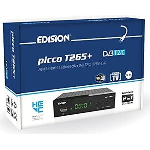 EDISION Picco T265+ TNT DVB-T2 aardse ontvanger en via DVB-C-kabel, H265 HEVC FTA High Definition, PVR, USB, HDMI, SCART, IR-sensor, ondersteunt USB WiFi, IR universele afstandsbediening 2-in-1