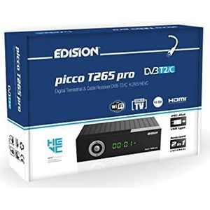 EDISION Picco T265 Pro TNT terrestrische ontvanger & DVBT2/C-kabel H265 HEVC FTA High Definition PVR, USB, HDMI, SCART, IR-sensor, ondersteunt USB WiFi, 2-in-1 afstandsbediening, 2-in-1 voeding