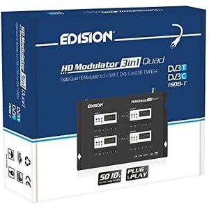 EDISION HDMI-modulator, 3-in-1, quad, RF-modulator, 4 x HDMI naar terrestrisch, DVB-T, ISDB-T of kabel DVB-C MPEG4, 3 modulatietekens naar keuze, Full HD-verdeling via coaxkabel, plug and play