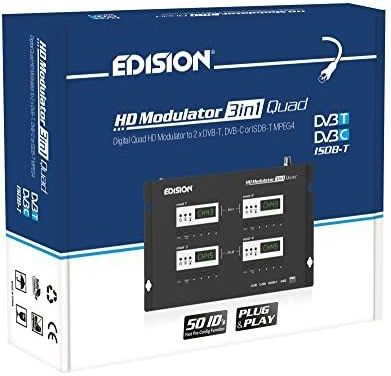 EDISION HDMI-modulator, 3-in-1, quad, RF-modulator, 4 x HDMI naar terrestrisch, DVB-T, ISDB-T of kabel DVB-C MPEG4, 3 modulatietekens naar keuze, Full HD-verdeling via coaxkabel, plug and play