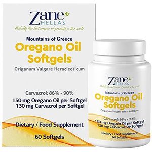 Zane Hellas Oregano Oil Softgels - De hoogste concentratie ter wereld - 150mg etherische oregano-olie - 130 mg Carvacrol per softgel - 120 Softgels. Set van 2