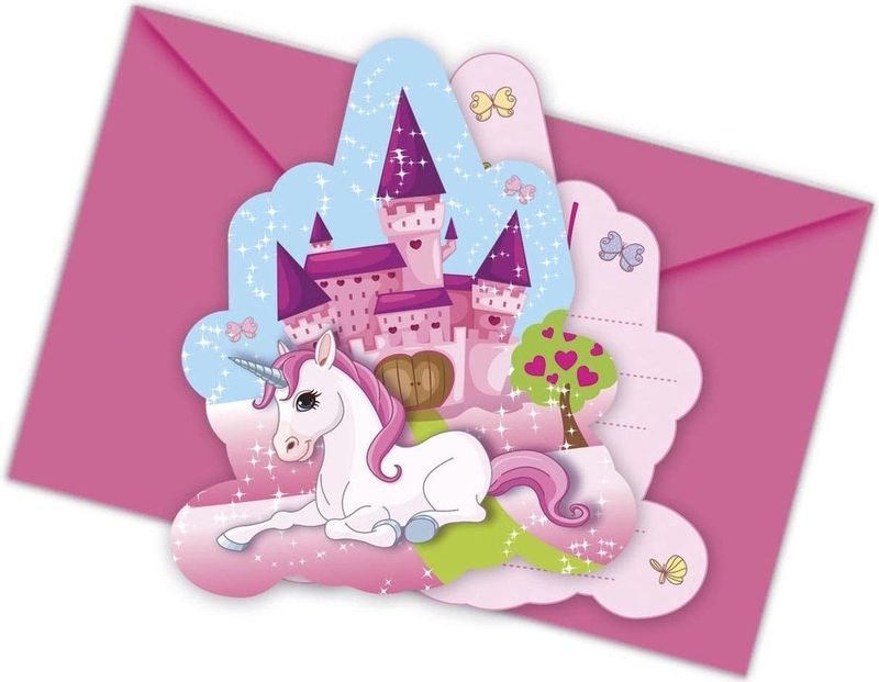 Unicorn Uitnodigingskaarten Eenhoorn Junior Papier Roze 6 Stuks