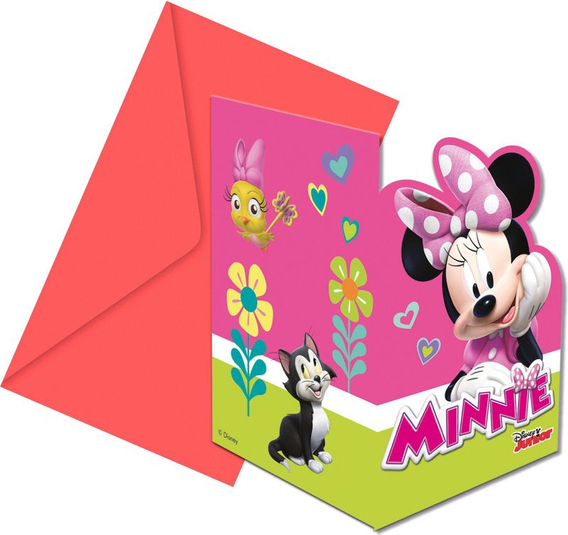 6 Minnie Happy uitnodigingen en enveloppen