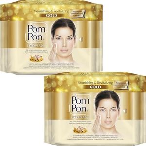 Pom Pon GOLD Make-up reinigingsdoekjes voor gezicht en ogen, met natuurlijke ingrediënten, voedzaam en revitaliserend, dubbel pakket, 2 x 20 stuks
