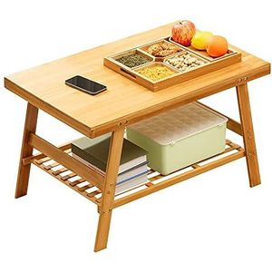 Prachtige bankbijzettafel, dubbellaagse salontafel in Japanse stijl, kleine massief houten lage tafel, multifunctionele opbergtafel voor de woonkamer (Kleur: A, Maat: 80cm)