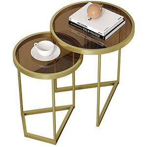 Prachtige 2-delige salontafelset, nesttafel van gehard glas, woonkamer gouden plank, multi-stijl rond tafelblad nachtkastje, eenvoudige zijkast hoektafel (kleur: A)