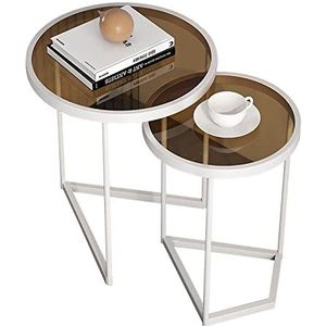 Prachtige 2-delige salontafelset, bijzettafel van gehard glas in meerdere stijlen, ronde plank voor kleine appartementen, wit smeedijzeren nachtkastje, eenvoudige zijkast hoektafel (kleur: E)