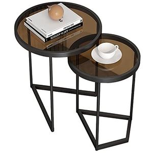 Prachtige 2-delige salontafelset, bijzettafel van gehard glas, kleine woonkamerplank, multi-stijl rond tafelblad nachtkastje, eenvoudige zijkast hoektafel (kleur: E)
