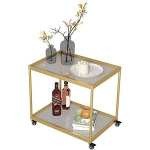 Prachtige bankbijzettafel, Changhong glazen dubbellaagse salontafel, verplaatsbare middeleeuwse trolley, plank/opbergkast van gehard glas (Kleur: Goud, Maat: 50x40x55cm)