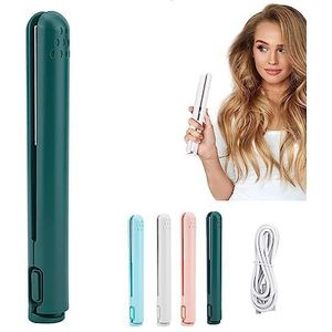 Mini Dual-Purpose Curling Iron - Portable Hair Iron Hair Straightener Curler, USB Rechargeable Cordless Small Hair Curler Iron for Travel (Green)