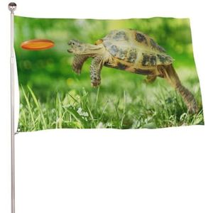 120 x 180 cm decoratieve huisvlag werfbanner, schildpad springt vangt frisbee print, welkom tuin vlag gazon opknoping woondecoratie