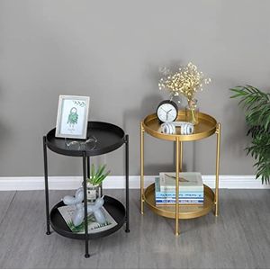 DangLeKJ Koffie ronde tafel, industriële metalen 2tier bank bijzettafel salontafel nachtkastje tafel voor woonkamer slaapkamer (kleur: zwart, maat: 36,5 x 52 cm)