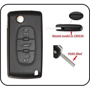 Peugeot - klapsleutel behuizing - 3 knoppen - middelste knop achterklep bediening - HU83 sleutelbaard met zijgroef - CE0536 met batterijhouder in de achterdeksel