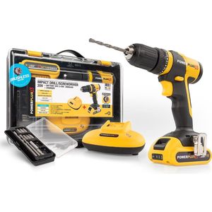 Powerplus Accu klopboormachine POWXB10060 - 3 in 1: boren hamerboren en schroeven, 20 V boormachine, 30 Nm, Links en rechts schroeven, Incl. accu 2.0 Ah en lader, 9 accessoires
