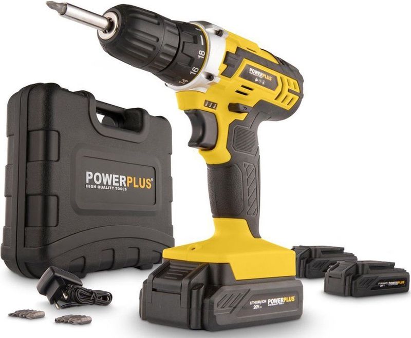 Powerplus Accu schroevendraaier POWX00501, 20 V accuboormachine, 35 Nm Max, 18 koppelstanden, met LED verlichting, incl. 3 x 1300 mAh mAh lithium batterij, lader en bitset met 12 bits