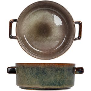 Cosy & Trendy Kommetjes/soepkommen voor dessert/ontbijt - Porselein - D13 x 5.5 cm - groen/bruin - met oortjes - stapelbaar