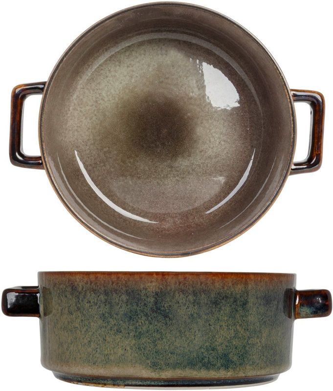 Cosy & Trendy Kommetjes/soepkommen voor dessert/ontbijt - Porselein - D13 x 5.5 cm - groen/bruin - met oortjes - stapelbaar