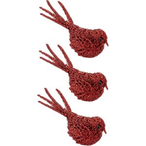 3x stuks decoratie vogels op clip glitter rood 16 cm