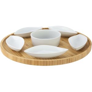 Serveerplank bamboe dia 26 cm met 6x luxe hapjes/saus/tapas keramieken schaaltjes