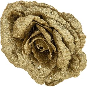 1x stuks decoratie bloemen roos goud glitter op clip 18 cm - Decoratiebloemen/kerstboomversiering/kerstversiering
