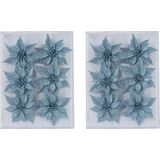 6x stuks decoratie bloemen rozen ijsblauw glitter op ijzerdraad 8 cm - Decoratiebloemen/kerstboomversiering/kerstversiering