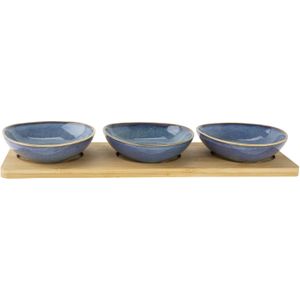 Cosy&Trendy Serveerplank/borrelplank hapjes/saus/tapas - keramiek - blauw - incl. 3x schaaltjes