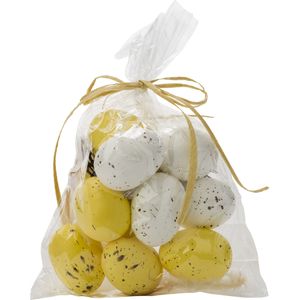Decoratie paaseitjes geel/wit - 12 stuks - kunststof - 5 cm - Paaseitjes voor Paastakken - Paasversiering/decoratie Pasen