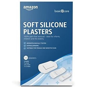 Amazon Basic Care, Siliconenpleister, absoluut pijnloos verwijderen, geschikt voor peuters, kinderen en senioren, 3 maten, 50 pleisters