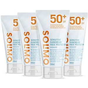 Amazon-merk: Solimo - Sun - zonnecrème voor het gezicht SPF 50+ voor de gevoelige huid, met vitamine E, antioxidant (4 x 50 ml)