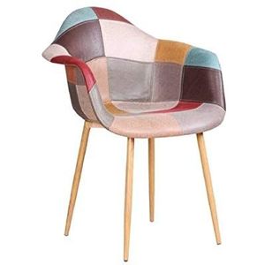 ZONS Set van 4 ORAZ Patchwork stoelen/fauteuils in verschillende kleuren met metalen inzetstuk in houtlook,