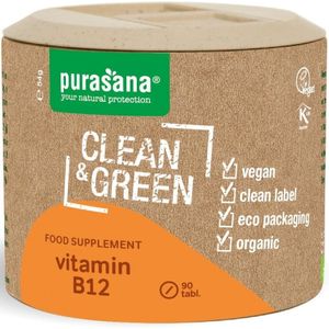 ZZZ_OLD.PUCGVS10 - Clean & Green Vitamin B12 (BIO. Vitamin B12 capsules. 90 plantaardig, natuurlijk, organic en vegan caps. Voor een normale werking van het zenuwstelsel. Voor vermindering van vermoeidheid. Voor de vorming van rode bloedcellen.) - Purasana
