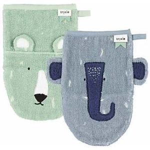 Trixie Mr. Polar Bear - Mrs. Elephant baby washandje - set van 2 blauw/groen