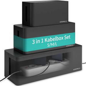 ACROPAQ Kabelbox - 3 in 1 set, Small + Medium + Large - Kabeldoos, Opbergbox stekkerdoos, Kabel organiser - Zwart